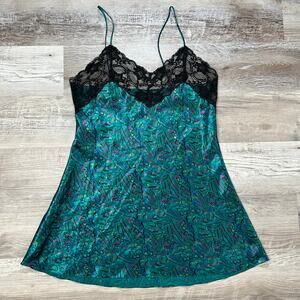 Vintage Cacique Satin Lace Slip Dress Floral Teal Black Lingerie M